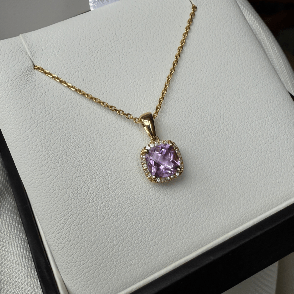 9ct Gold Amethyst & Diamond Halo Pendant
