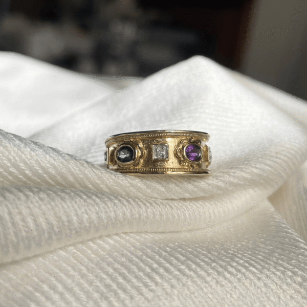 9ct Gold Sapphire, Garnet & Amethyst Ring