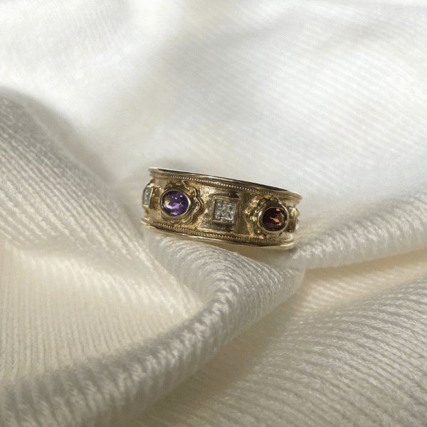 9ct Gold Sapphire, Garnet & Amethyst Ring