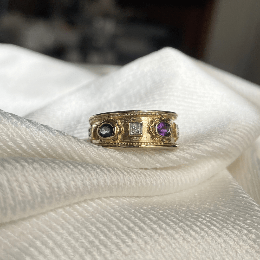 9ct Gold Sapphire, Garnet & Amethyst Ring