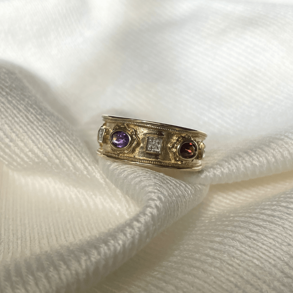9ct Gold Sapphire, Garnet & Amethyst Ring