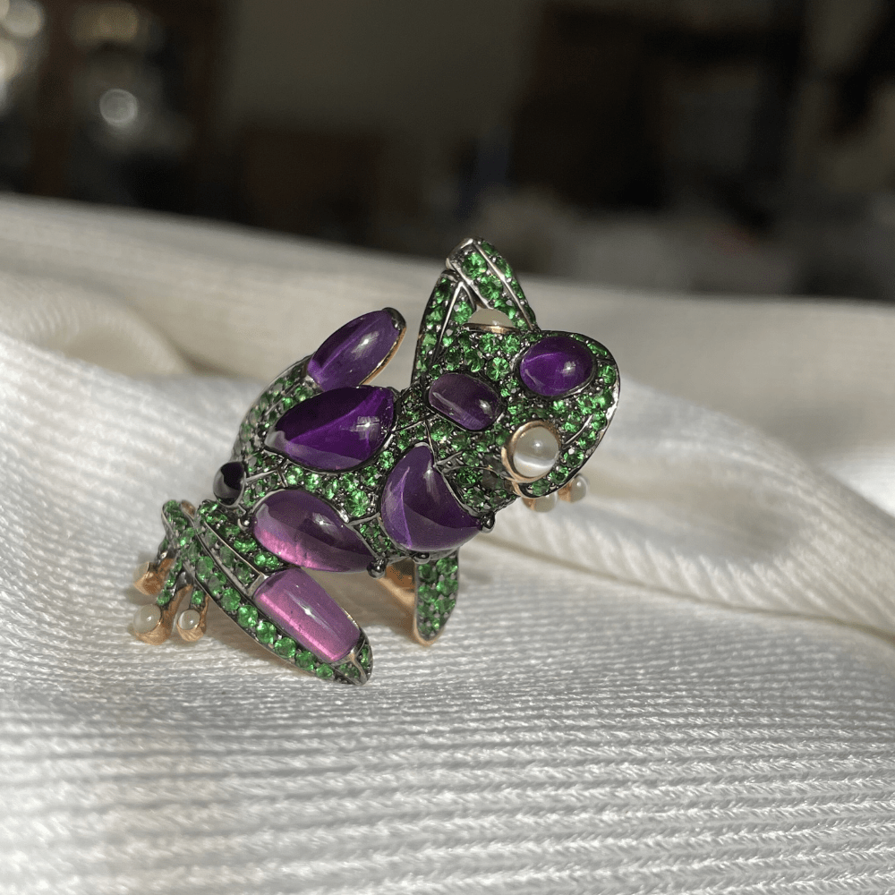 18ct Rose Gold Tsavorite, Amethyst & Cat's Eye Frog Ring