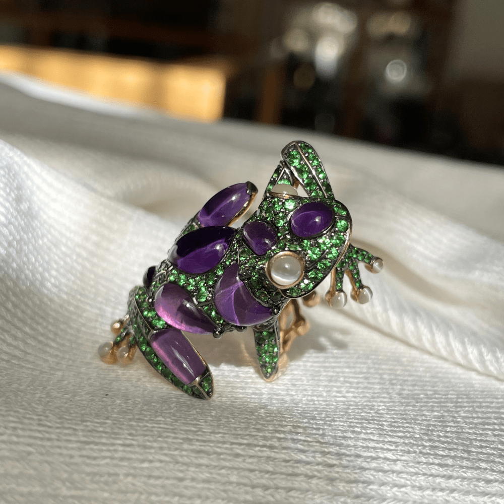 18ct Rose Gold Tsavorite, Amethyst & Cat's Eye Frog Ring