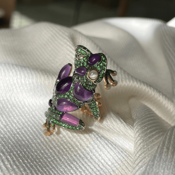 18ct Rose Gold Tsavorite, Amethyst & Cat's Eye Frog Ring