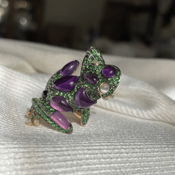 18ct Rose Gold Tsavorite, Amethyst & Cat's Eye Frog Ring