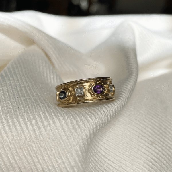9ct Gold Sapphire, Garnet & Amethyst Ring