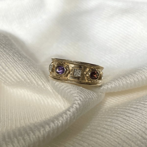 9ct Gold Sapphire, Garnet & Amethyst Ring