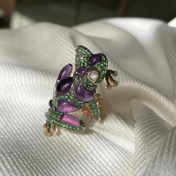 18ct Rose Gold Tsavorite, Amethyst & Cat's Eye Frog Ring
