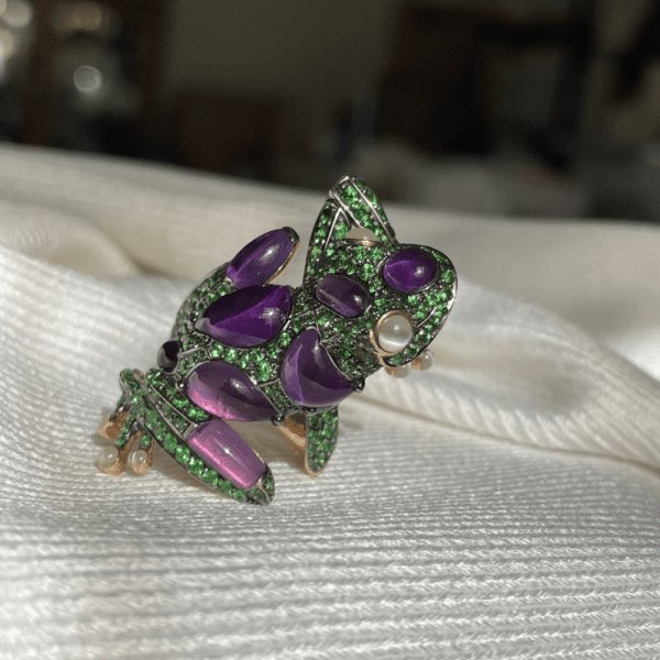 18ct Rose Gold Tsavorite, Amethyst & Cat's Eye Frog Ring