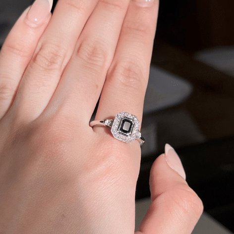 9ct White Gold Emerald Cut Sapphire & Diamond Halo Ring