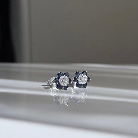 9ct White Gold Sapphire & Diamond Cluster Flower Studs