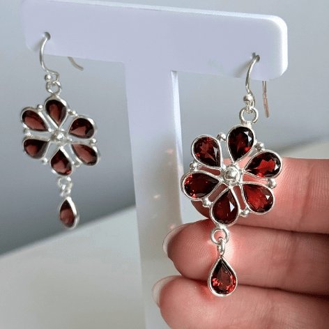 Sterling Silver Garnet Flower Drop Earrings