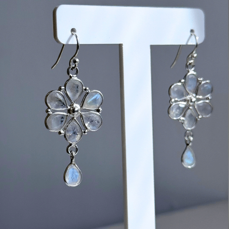 Sterling Silver Moonstone Flower Drop Earrings